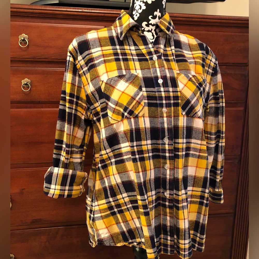 Ladies Blue and Yellow Plaid Flannel Shirt